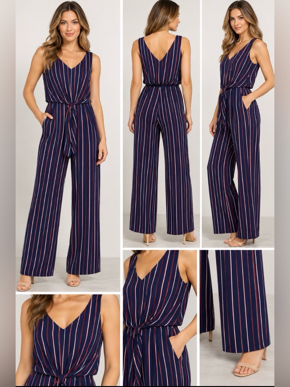 NWT Frank Lyman Jumpsuit Size 6 Navy Striped Wide Leg Tie Front Made Canada